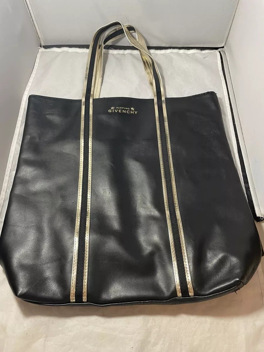 Vtg Givenchy Parfums Holiday Tote Shopper Black Vegan Leather Gold Trim  13x13.5