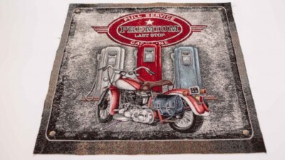 Stoff mit Motorrad Tankstelle Gobelin Dekostoff Motorradstoff