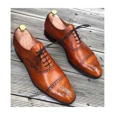 Handmade Tan Leather Lace Up Dress Shoes Formal Casual Men Oxford