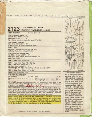 111/2" Puppenkleidung Schnittmuster für Barb Kleiderschrank McCall's 2123 Vintage 1969 Handarbeit - Bild 5 von 5