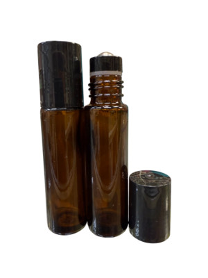 75 PCS, 10ml [1/3 oz] AMBER Roll on Bottle & Plastic Black Caps w/Steel Roller