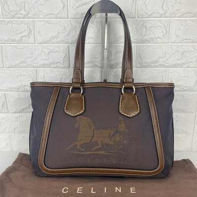 CELINE Carriage Women's Tote Bag Handbag Canvas Leather Brown Used Authentic