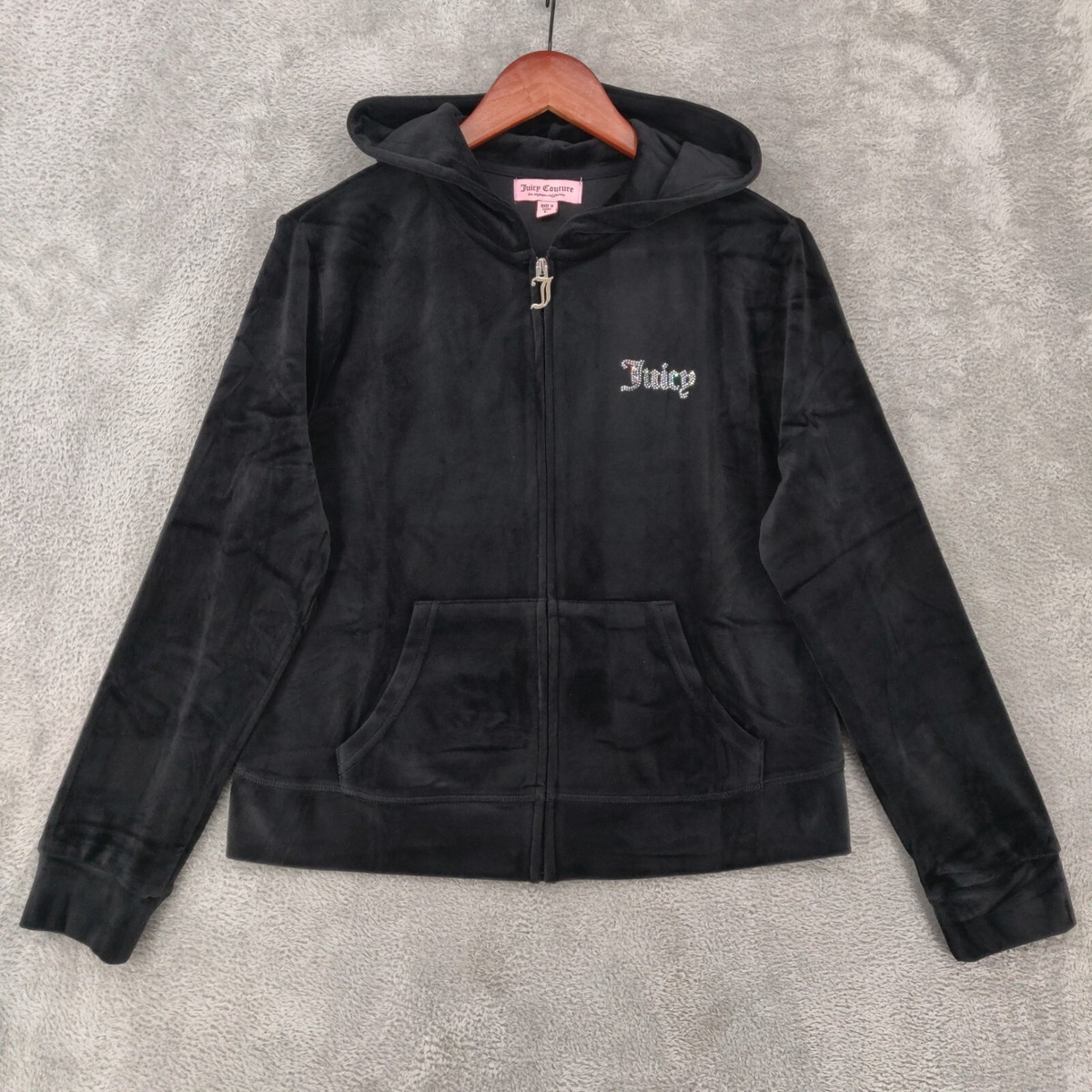 Juicy Couture Hoodie Womans Large L Black Velour Rhinestone Juicy Couture Hoodie Womans Large L Black Velour Rhinestone