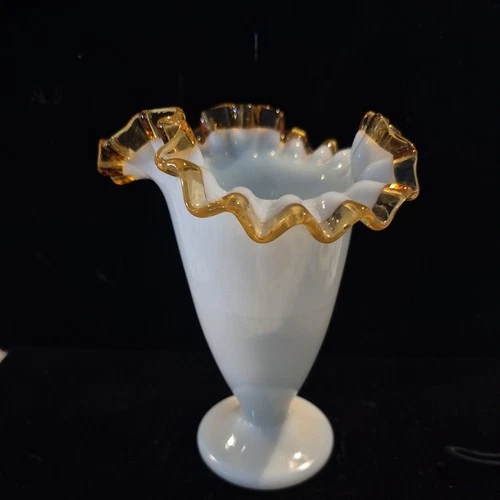 VTG Fenton Gold Crest White Milk Glass  Vase 6 1/2 Inches High