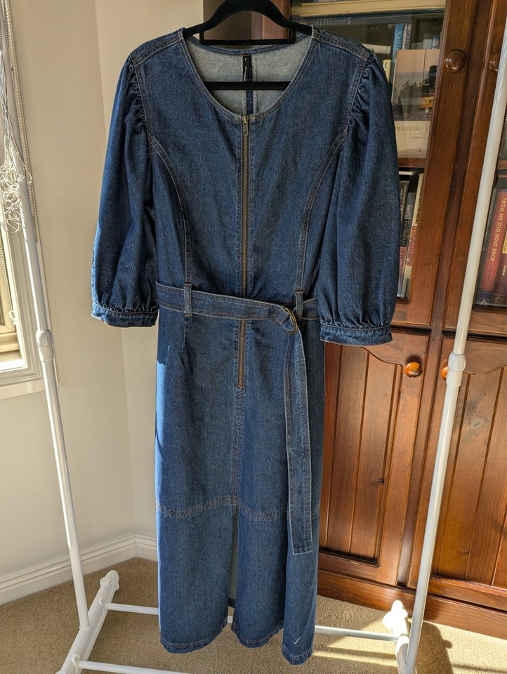 Staple the Label Denim Maxi Dress with Puff Sleeves, Pockets, Size 14