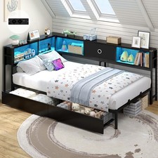 Schlafsofa 90x200 Eckbett mit Stauraum, LED, Ladestation