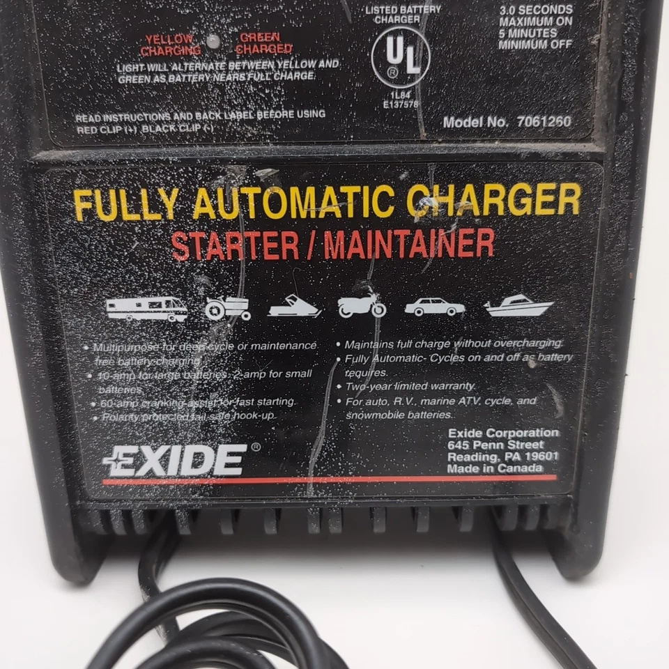 Cargador/arrancador/mantenedor completamente automático EXIDE 7061260, 6/12v 10/2/60 Amp Foto 4 de 4