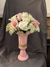 New Handmade Floral Arrangement Pink And White Roses 14  Tall Weighs 3 Lbs L15