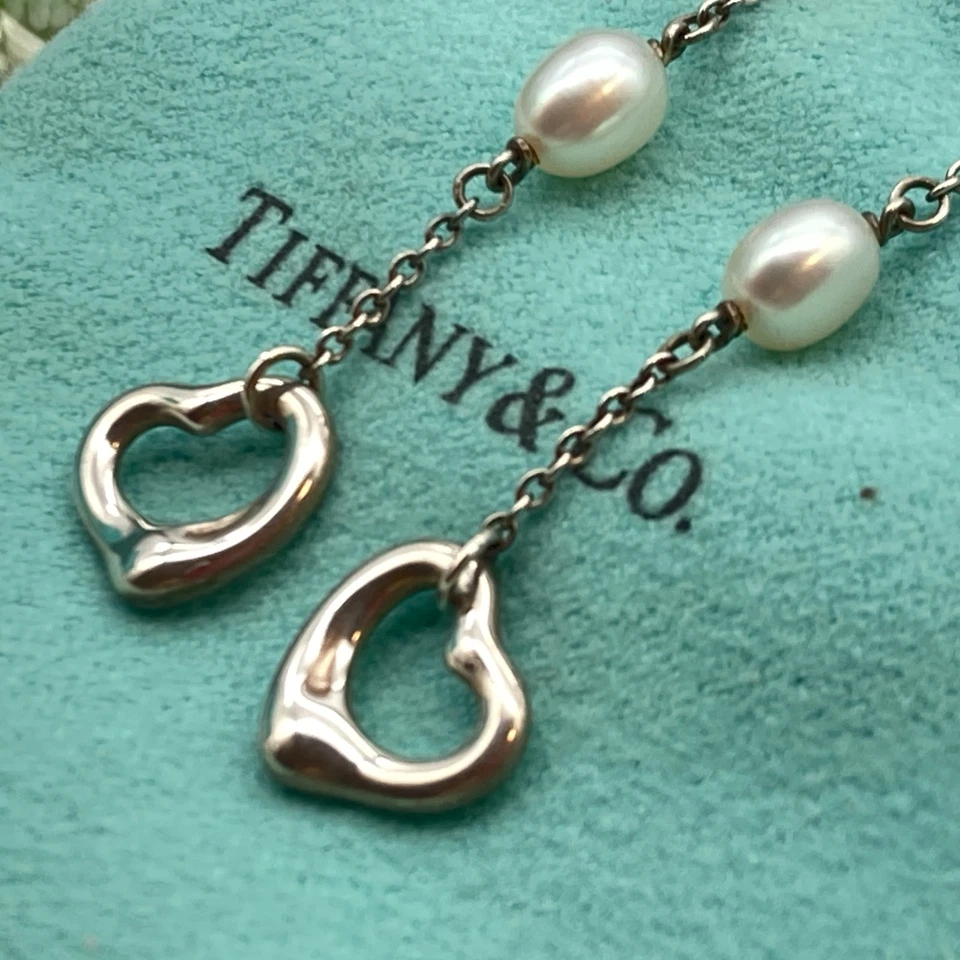 Pendientes colgantes Tiffany & Co. corazón abierto perlas plata Elsa Peretti 2,7 g Foto 4 de 4