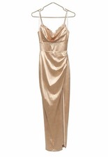Champagne Satin Maxi Dress with Lace Beaded Accents Cowl Neck