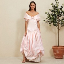Evening Maxi Gown Pink Satin Ball Short Sleeve Ruffles Lined Draped US 12