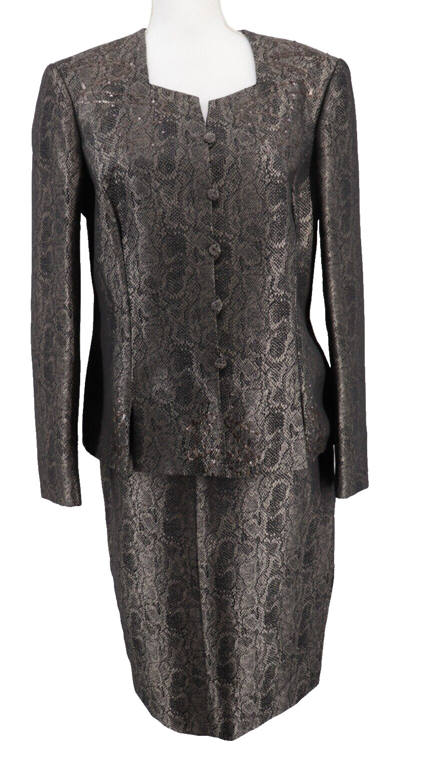 John Meyer Suit Women Size 16 Beaded Sequin Jacket Skirt Brown Animal Career New