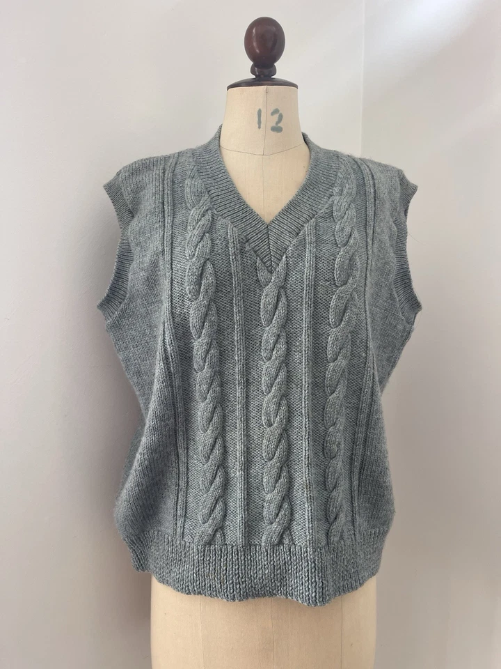 Handknitted Wool Vest .Cable Design - Blue. 💙🐟🦋 Warm -v Neck - Chunky - image 2 of 4