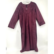 Miss Elaine Burgundy Velour Zip Front Long Robe Embroidered Floral Petite Small