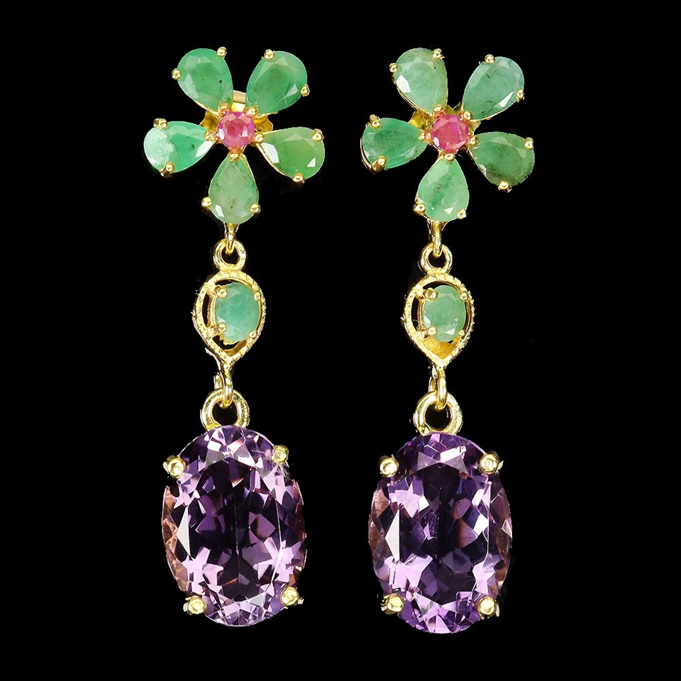 Pendientes de plata de ley 925 ovalados amatista 14x10 mm esmeralda rubí piedras preciosas joyería Foto 2 de 4