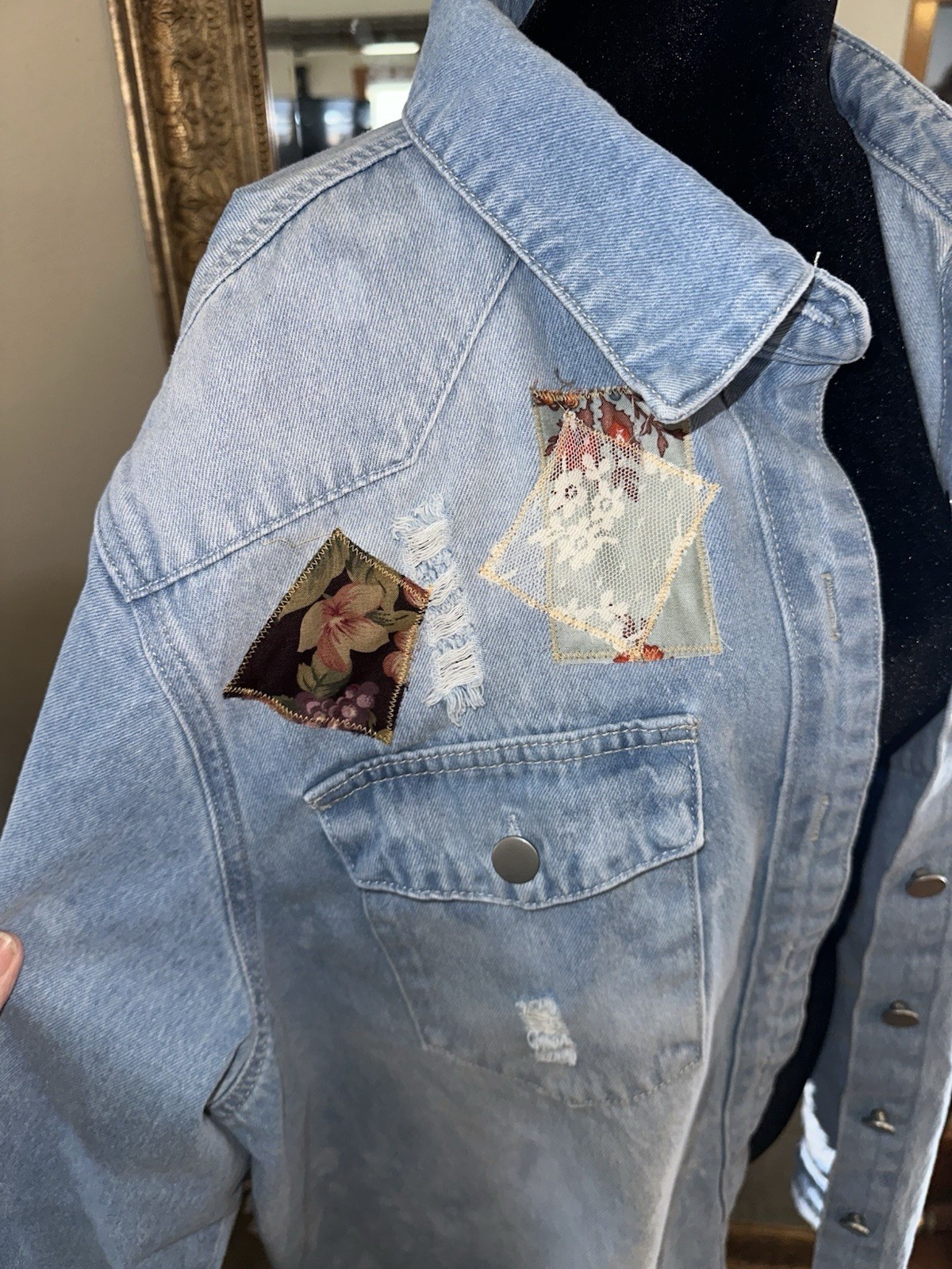 Upcycled Patchwork Appliqué Distressed Denim Jack… - image 6