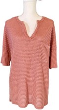 NWT BIBI Waffle-knit Open Crochet V-Neck Short Sleeve Tunic Top Chest Pkt Coral