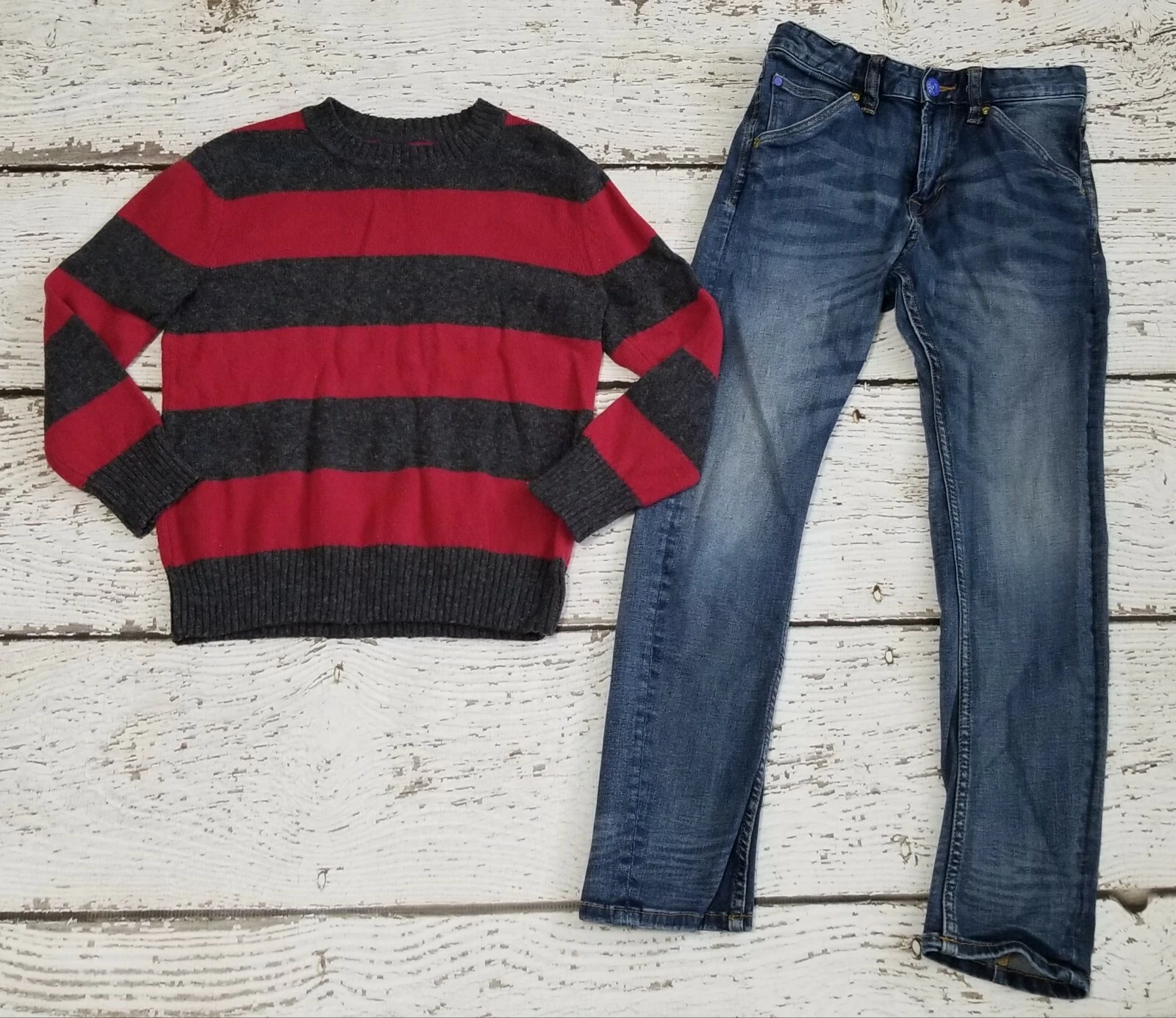 GAP KIDS 7 8 Boys Red Gray Striped Sweater & Denim Skinny Jeans Outfit DC-TT20
