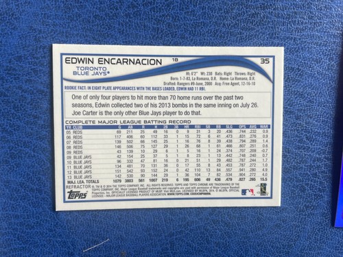 TOPPS CHROME PURPLE REFRACTOR BASEBALL 2014 TORONTO BLUE JAYS ENCARNACION 35 - Picture 2 of 2