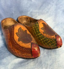 Vintage Hand Carved Wooden Clogs Shoes Holland Painted Decor Weathered Signed