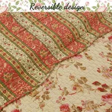 NEW! ~ COZY CHIC  PINK RED GREEN LEAF YELLOW ROSE SHABBY VICTORIAN QUILT SET