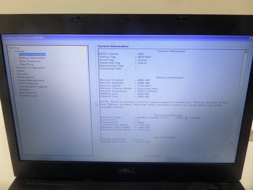Dell Precision M4500 Laptop Intel Core i7 1.73GHz CPU 4GB RAM - No HDD - Picture 2 of 11