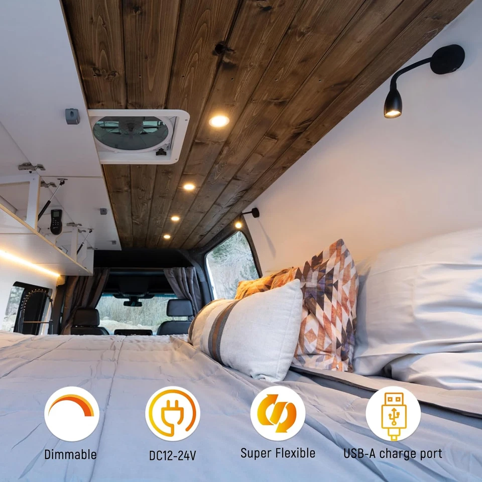 2Pcs 12V LED Dimmable Reading Lights with USB, RV Bedside Gooseneck Wall Lamps - Image 2 of 4