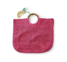 Tabitha Brown x Target Woven Straw Tote Beach Bag Pink With Lemon Tassel NEW