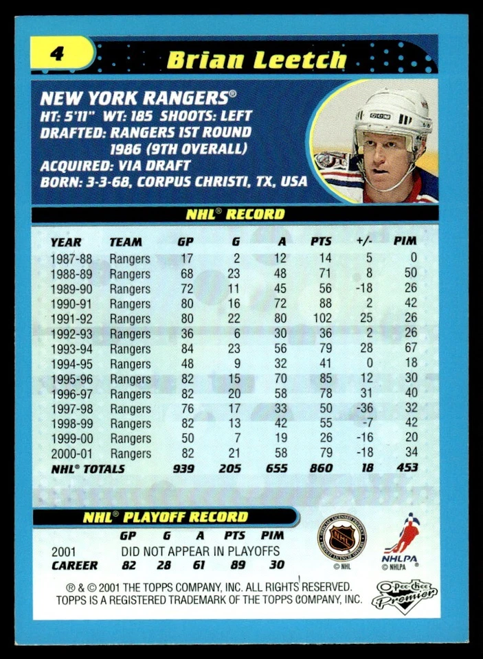2001-02 O PEE CHEE PREMIER Brian Leetch New York Rangers #4 - Image 2 of 2
