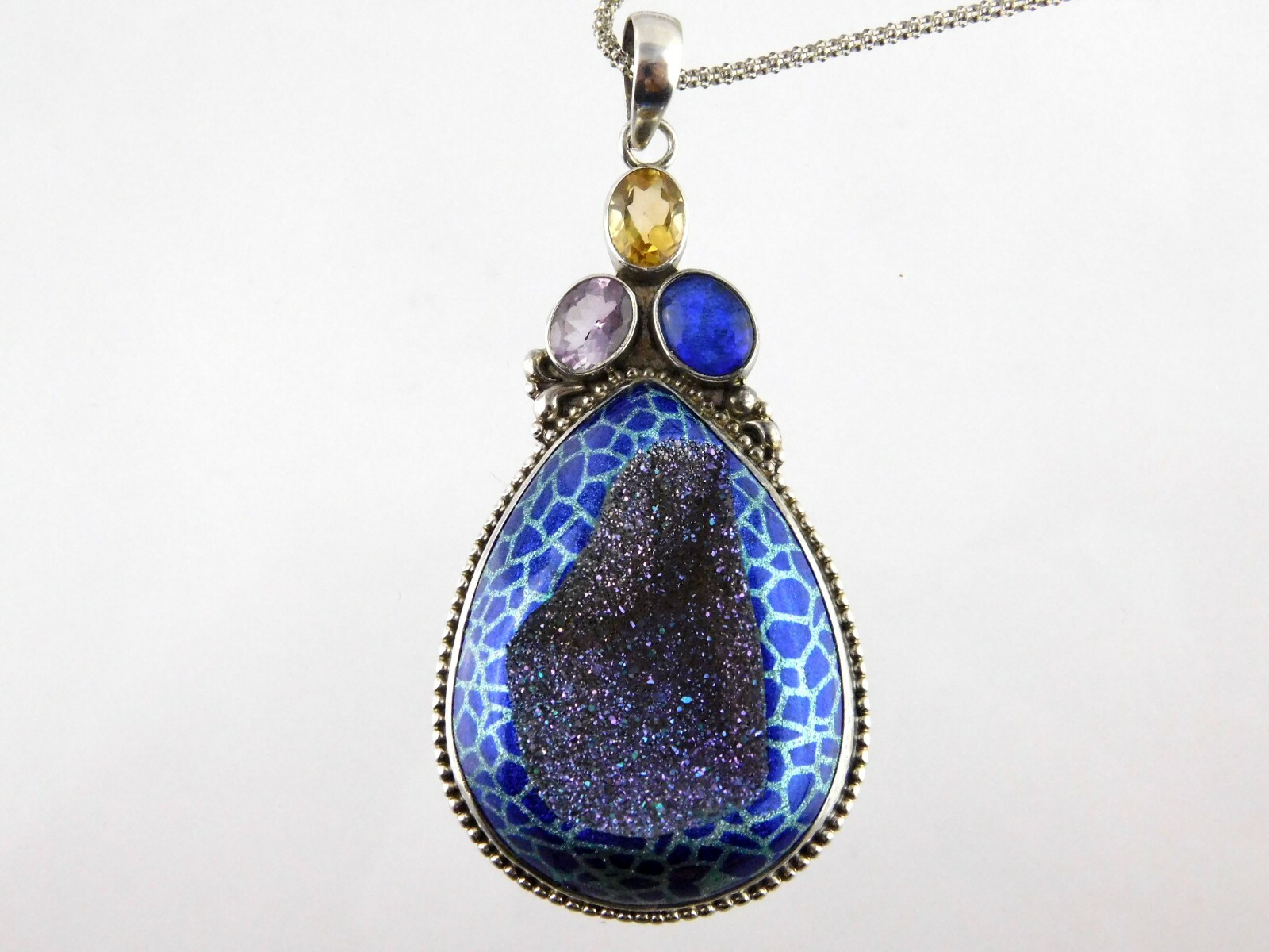 Sterling Silver Statement Druzy Stone Pendant Nec… - image 2