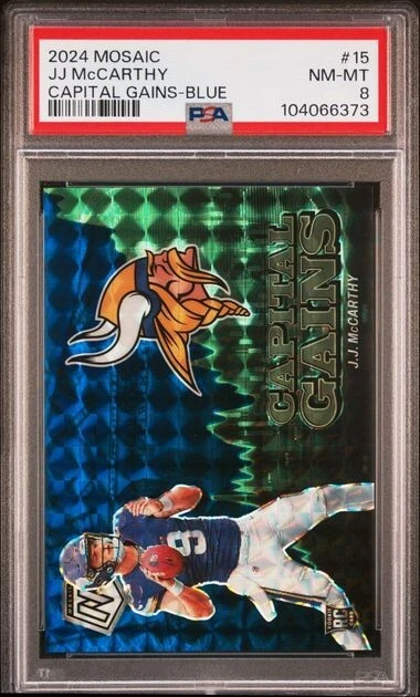 2024 Panini Mosaic - Capital Gains J.J. McCarthy #15 Blue Mosaic Prizm /99 (RC)