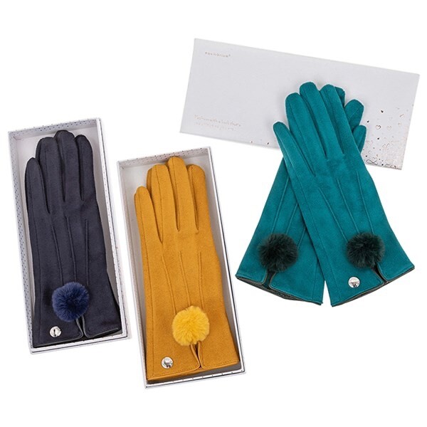 Ladies Soft Pom Pom Velvet/Suede Gloves - Soft velvet insides-GIFT BOXED