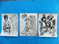 Dessins à L'ENCRE DE CHINE Lot 3 Portraits femme drawings Lavis Art à identifier