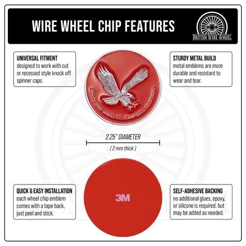 Zenith Eagle Chrome & Red Metal Wheel Chip Emblems with Spinner Caps, Set of 4 - Picture 44 of 70