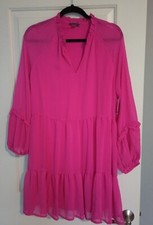 Women’s Large Vince Camuto Solid Hot Pink Long Sleeve V-Neck Chiffon Dress NWT