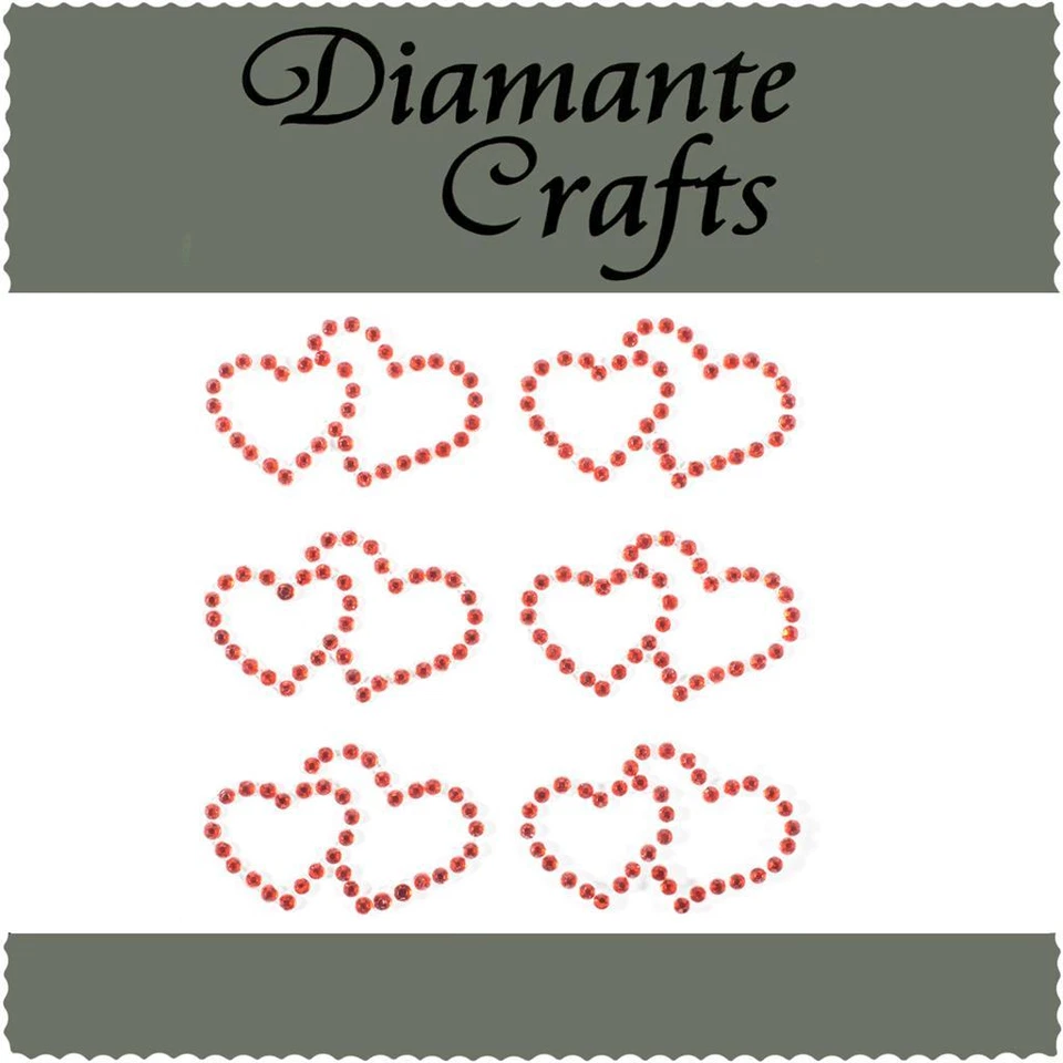 DIAMANTE CRAFTS 6 Red Diamante Double Hearts - Rhinestone Body Art Self Adhesive Gems