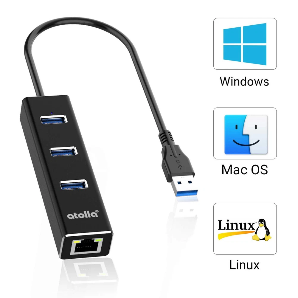 USB to Ethernet Adapter 3-Port USB Hub LAN RJ45 Compatible Windows Mac Linux