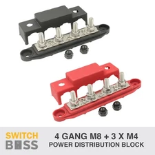 4 GANG M8 Power Distribution Block Bus Bar Terminal Post Cover 12v Black Red Set