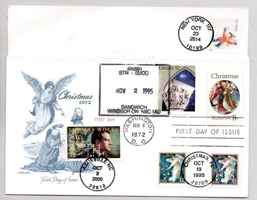 CHRISTMAS MADONNA & CHILD, ANGEL, WRITER THOMAS WOLFE NAKANO PERFINS, CANADA FDC