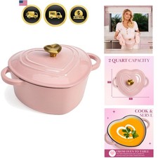 Olla para horno holandesa de hierro fundido con tapa esmaltada en forma de corazón rosa de 2 cuartos