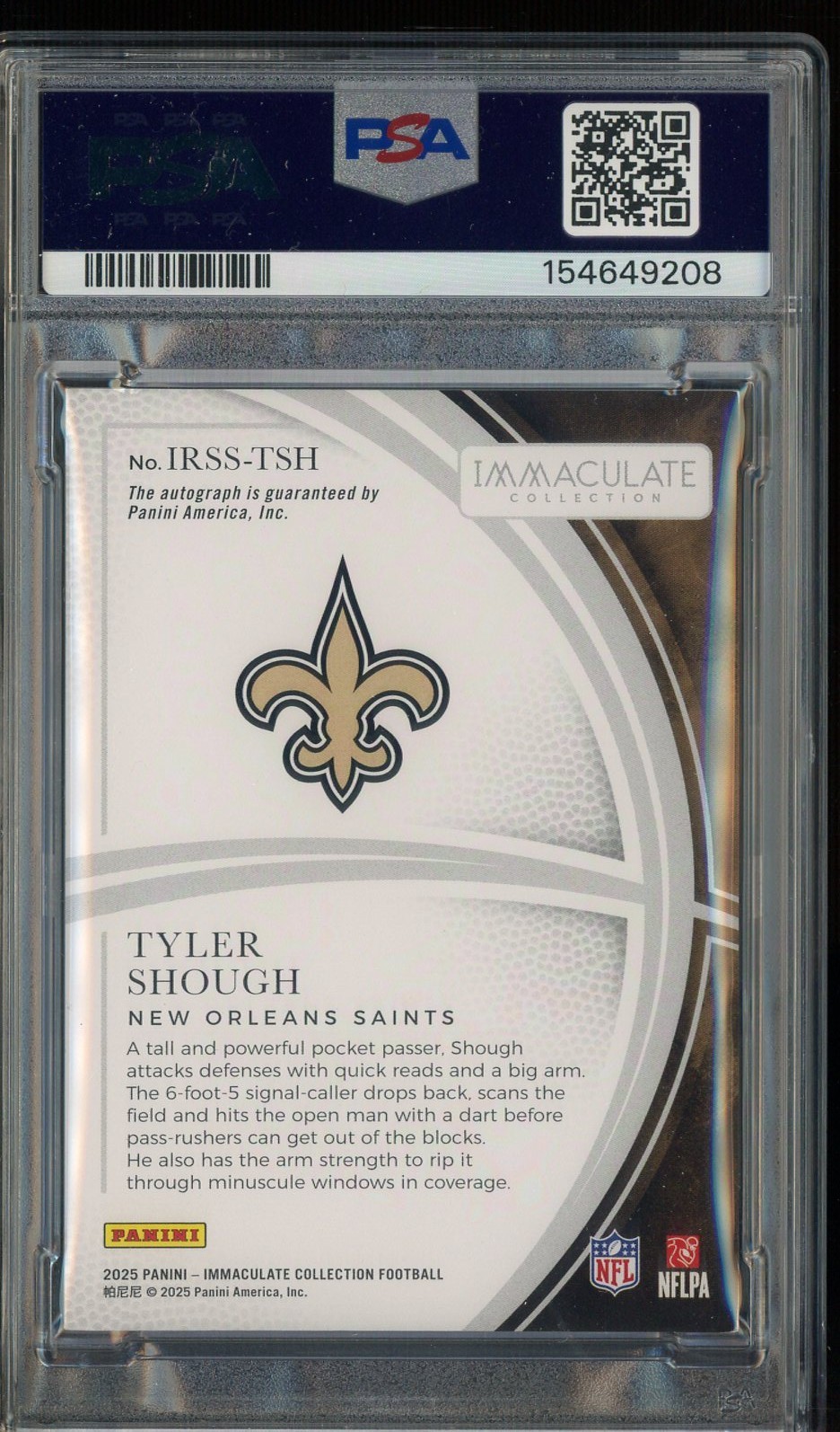 2025 Panini Immaculate Rookie Shadowbox Tyler Shough RC AUTO 16/49 PSA 6 view 2