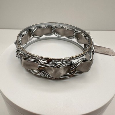Vintage Y2K Silver Tone Interlocking Link Bracelet Grey Ribbon Woven Statement