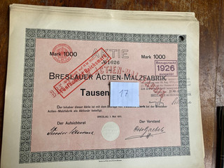 Lagerverkauf 17 Breslauer Actien Malzfabrik Breslau 1911 1000 Mark VF