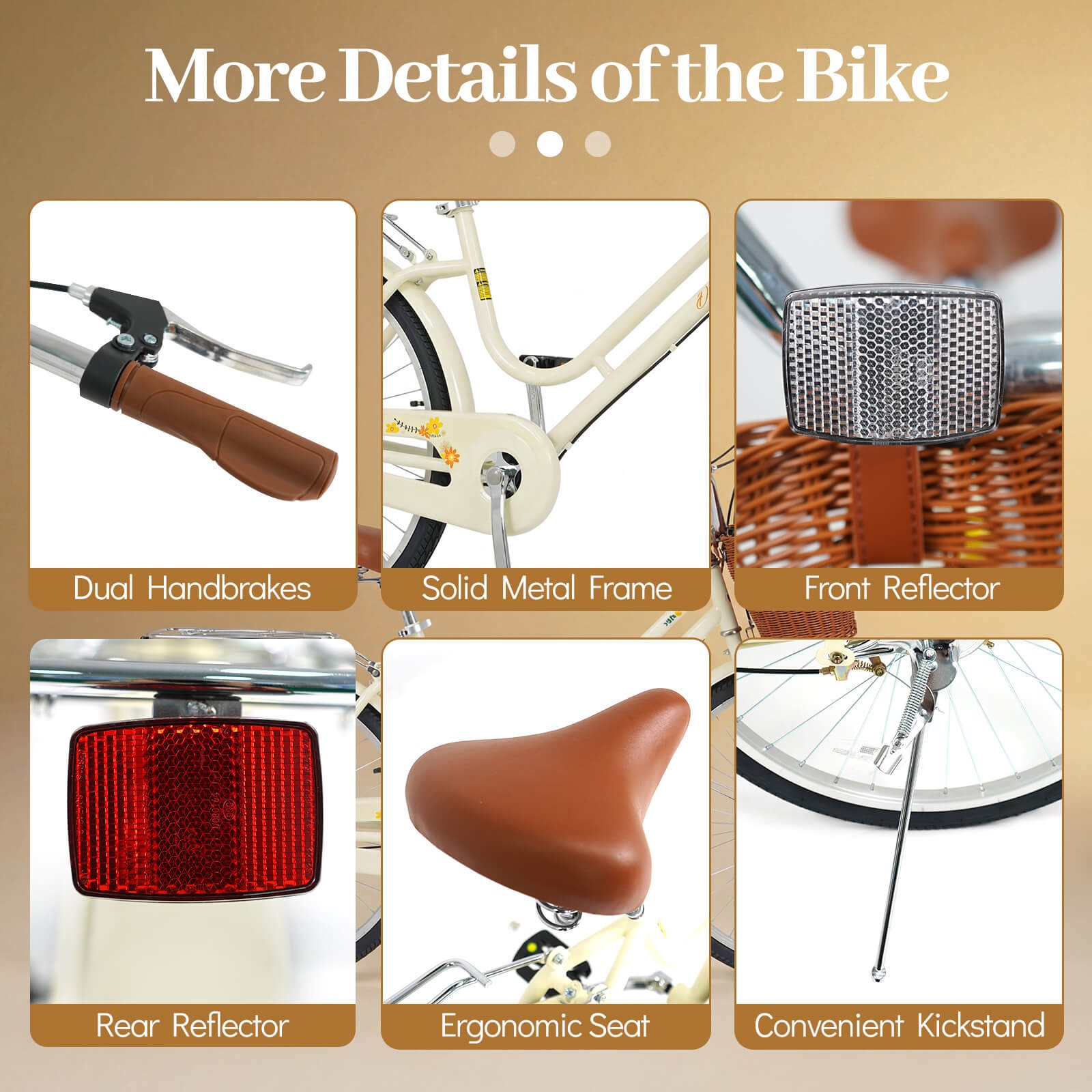 24-Inch Beach Cruiser Bike,w/Adjustable Seat, Woven Basket & Rear Rack,Beige.