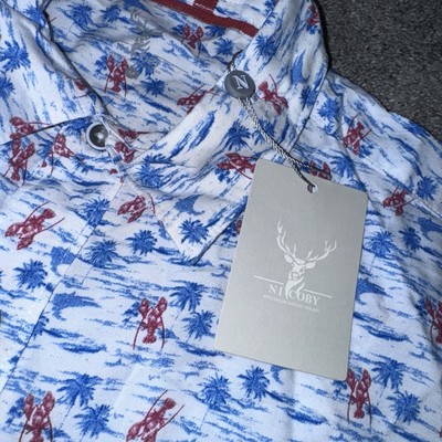 Nicoby SS Mens Medium Full Button Collared Shirt Lobster Red White Blue 4th
