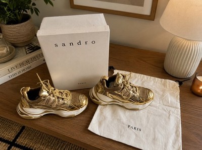 Sandro Paris Astro Trainers Full Gold Chunky Calfskin Sneakers Size 38 US 8 NEW