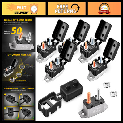 50A Automatic Reset Circuit Breaker with Cover, 6 Pack, 12V-24V DC for RV, Boat,