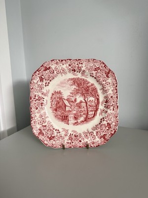 Vintage 1930er-50er Johnson Bros Mill Stream rot Transferware Teller England quadratisch