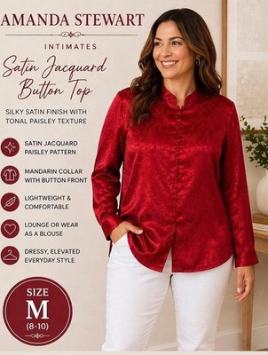 Amanda Stewart Red Satin Jacquard Blouse Mandarin Collar Button Top M