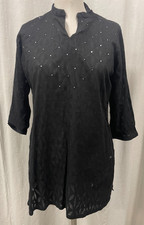 Black Bedazzled Medium Kurta Shirt Blouse Tunic Glitter Sparkle Cotton Silver